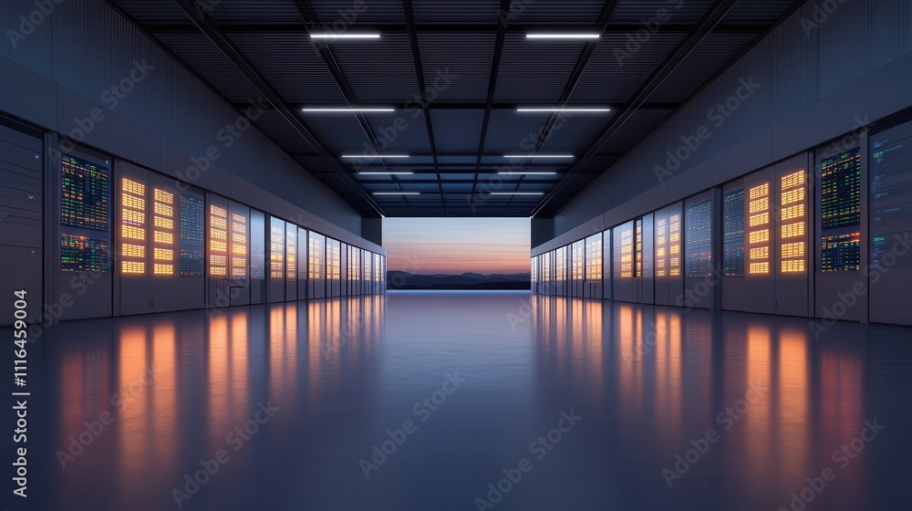 Aufkleber modern data center interior with rows of server racks and control panels at dusk, featuring soft ref