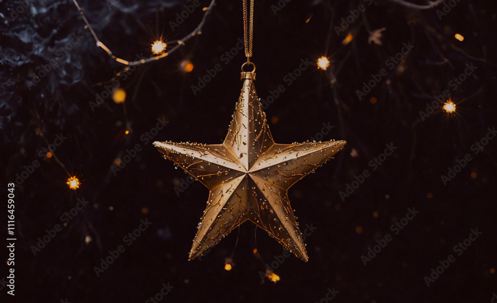 Aufkleber a gold star is hanging from a string of lights. the star is surrounded by a dark background, which c