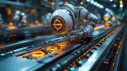 Obraz premium A robotic arm working on an assembly line, showcasing automation in a futuristic industrial setting.