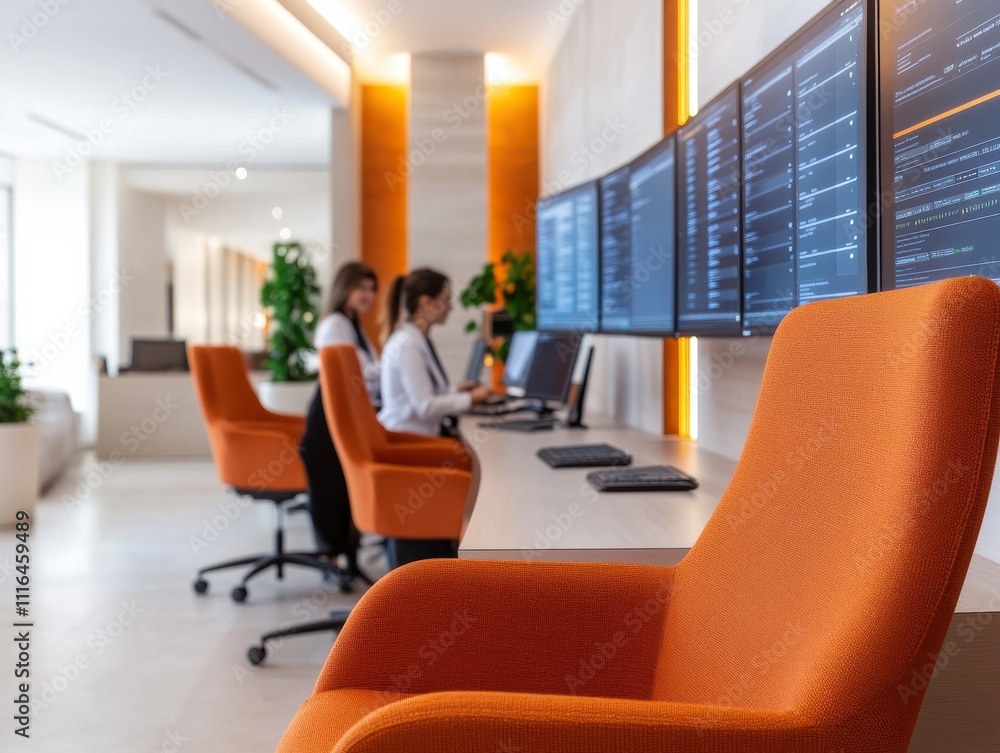 Poster modern office workspace with two professionals working on multiple monitors surrounded by contempora