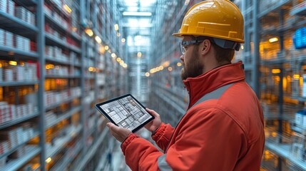 Construction worker using tablet in industrial warehouse for project overlay in 4K visual