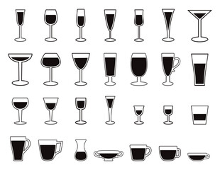 Drink Glass Collection Hot and Cold Drink Line Icons Set Alcohol, Tea, Coffee Vector Isolated on White Background