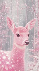 Pink deer in a snowy forest, whimsical winter scene. Fantasy nature concept