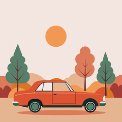 Retro orange car and Autumn landscape illustration