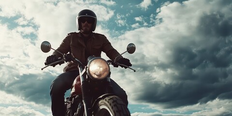 Naklejka premium A man sitting on a motorcycle, with his leather jacket and helmet, symbolizing adventure and freedom, set against a dramatic sky.