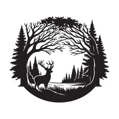 Deer with antlers in a forest clearing silhouette vector art black color design and solid white background 