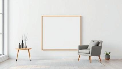 Cozy Modern Living Room Poster Mockup Frame with Plants, furniture, Scandinavian Style, Wall frame 3D Illustration.