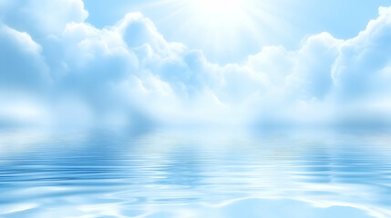 Serene seascape with fluffy clouds reflecting on calm water.