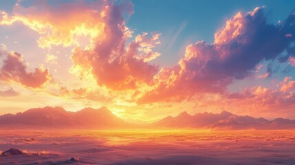 Obraz premium A stunning sunset paints the sky with vibrant hues, reflecting off serene waters and illuminating distant mountains.