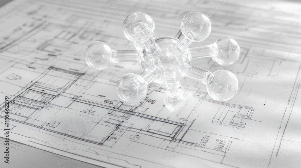 Poster a molecular model placed on architectural blueprints, symbolizing the intersection of science and de