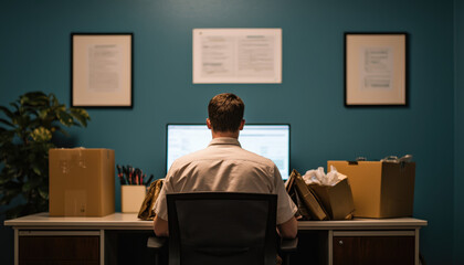 Human resources layoff concept. A person sits at a desk in a modern office, working on a computer, surrounded by boxes and framed documents on a teal wall.