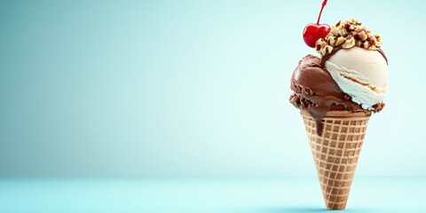 A cone with layers of chocolate, vanilla, and caramel ice cream, topped with crushed nuts and a cherry, set against a light blue background.