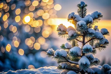 A minimalist winter landscape featuring a silhouette of a snow-covered pine tree against a bright white background, evoking tranquility and serene natural beauty.