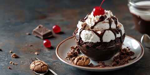 A decadent chocolate sundae with whipped cream, crushed cookies, and a cherry on top, set on a vintage dessert plate.