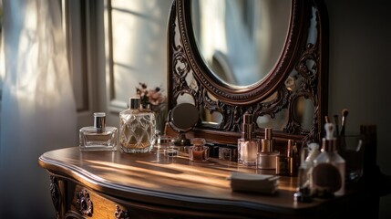Elegant vanity table with perfumes and beauty products, reflecting a serene atmosphere.