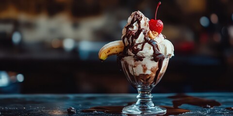 A decadent banana split with scoops of chocolate, vanilla, and strawberry ice cream, topped with chocolate syrup, whipped cream, and a cherry.