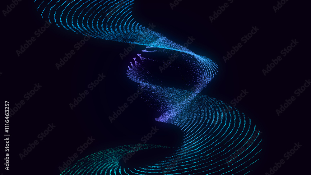 Poster Collection of bright dots on a dark background. Abstract sound wave of particles. Data network. 3D rendering.
