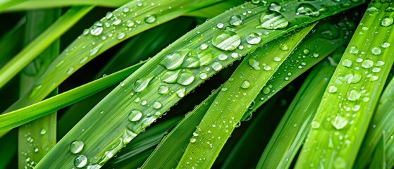 Dewy green blades of grass interlace under a soft, luminous light, representing vitality and the fresh embrace of a new dawn.