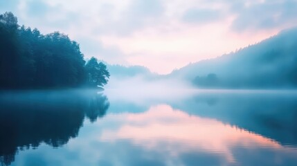 Obraz premium A serene landscape featuring a misty lake surrounded by trees, reflecting soft pastel colors of dawn.