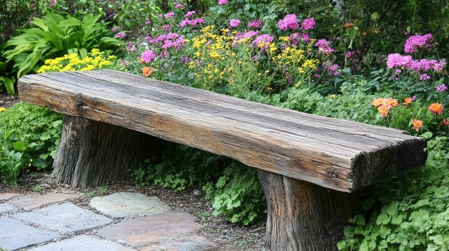 Rustic wooden bench placed in an outdoor garden, surrounded by colorful flowers and greenery - Powered by Adobe