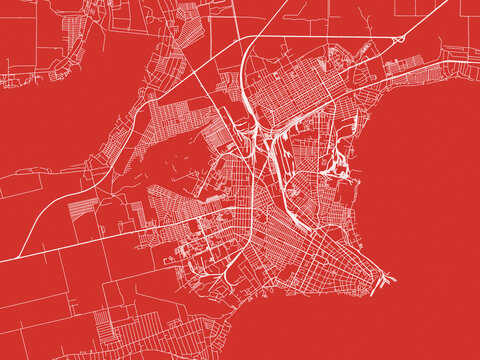Christmas Map of Taganrog, Russia in Snowy White on Festive Red Background.