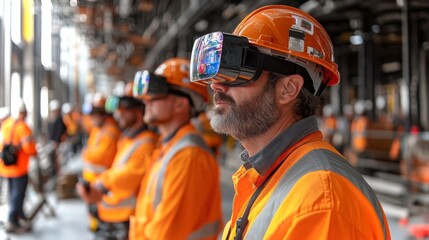 Group of construction workers utilizing VR technology on a building site in urban area