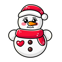 Fototapeta premium Cute kawaii outline snowman with red beanie and scarf isolated on white background. Vector illustration, clipart for children, kids. Japanese style, korean style, Chinese style
