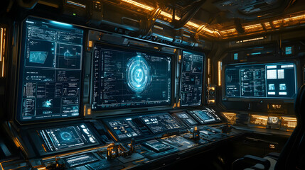 Naklejka premium Futuristic Control Room 3D Illustration
