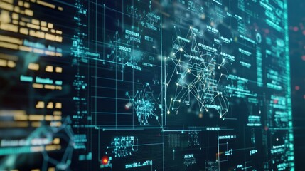 Abstract digital interface displaying data visualizations and network connections.