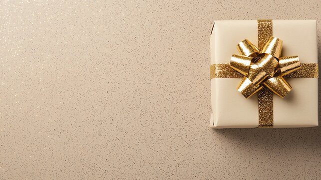 A beautifully wrapped gift box with a golden ribbon on a shimmering surface.