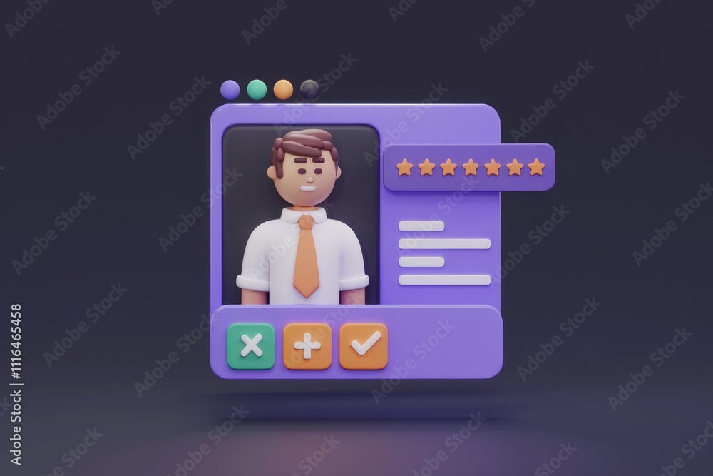 Poster 3D illustration of a user profile with rating  options to add  remove  or accept.