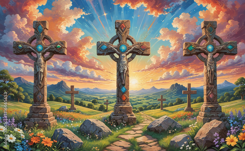 Poster three crosses are shown in a field with a sunset in the background. the crosses are of different col