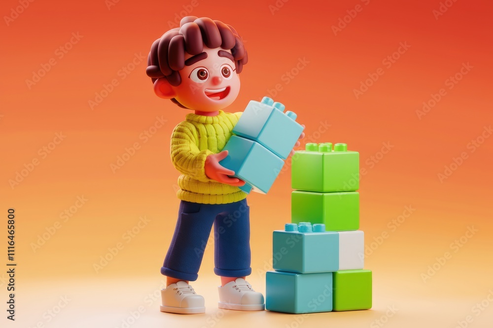 Poster a cheerful cartoon boy happily plays with colorful building blocks showcasing creativity and fun.