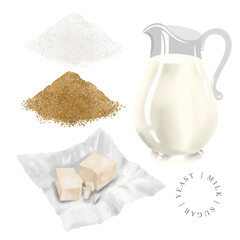 Bakery ingredient set. Milk, sugar, salt, yeast