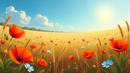 A vibrant field of orange poppies and golden wheat under a clear blue sky in midday sunlight