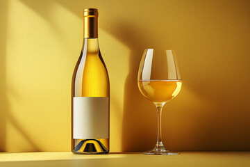 A bottle of white wine and a filled glass standing against a yellow wall with shadows. A cozy evening or a dinner party. A holiday and celebration. Copy space.