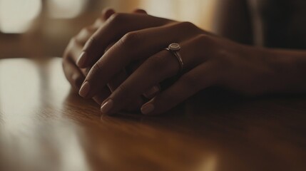 Obraz premium A close-up of hands resting on a table, showcasing a delicate ring and a serene atmosphere.