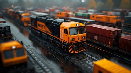 Vast intermodal freight yard with shunting locomotives and cargo containers being loaded at the industrial rail interchange