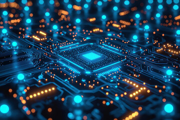 Obraz premium Close-up of CPU on circuit board with glowing lights.