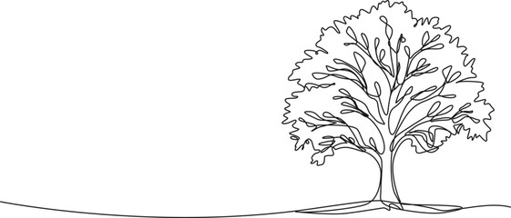 continuous single line drawing of broad-leafed tree, line art vector illustration