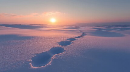 A serene winter landscape featuring footprints in the snow, leading towards a beautiful sunrise over a vast, icy expanse.