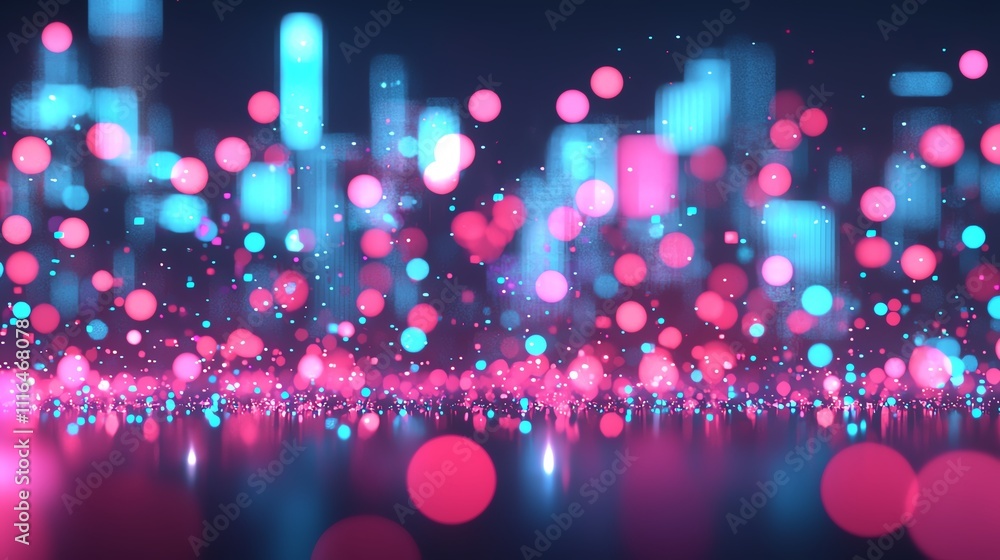 Poster a vibrant display of colorful lights creating an abstract digital cityscape.