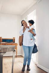Woman, phone call and bags with child in home, multitasking and busy with responsibility. Mother,...
