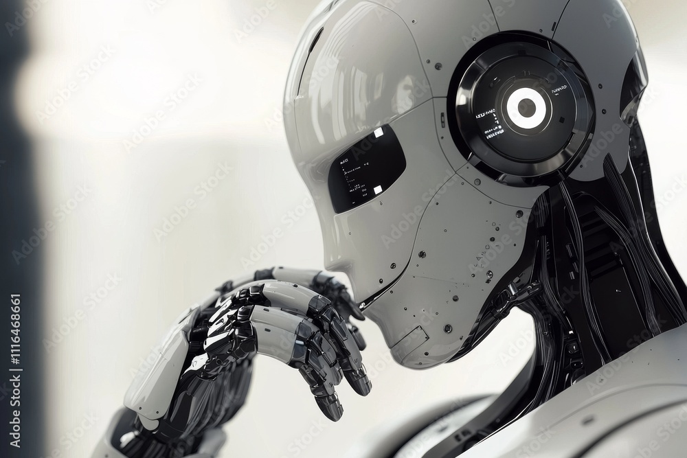 Poster a sleek, futuristic humanoid robot deep in thought, showcasing intricate metallic features and an ad