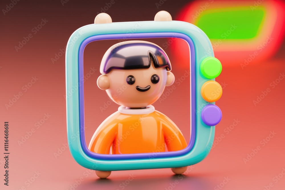 Poster a cute 3d cartoon boy is displayed in a colorful frame resembling a retro television screen.