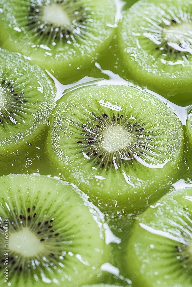 Poster freshly sliced kiwi soaking in vibrant green juice, creating a refreshing and appetizing visual deli