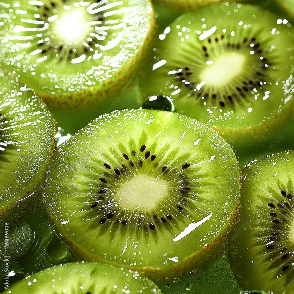 Poster fresh green kiwi slices submerged in sparkling water, creating a vibrant and refreshing display.