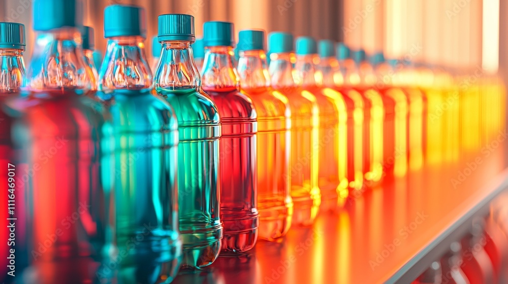 Poster Colorful array of bottles with vibrant liquids on a shelf