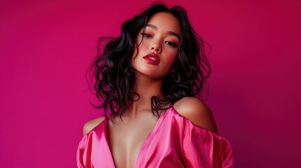 Woman, pink dress, dark hair, magenta background.