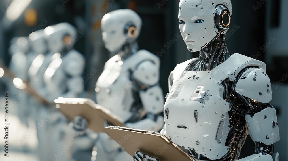 Poster advanced robotics working on a production line in a modern industrial setting.